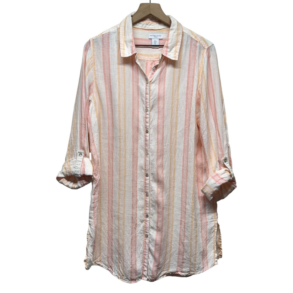 Antibes Blanc Linen Stripe Button Dress‎ Sz L Pink Roll Tab Sleeve Beach Coastal